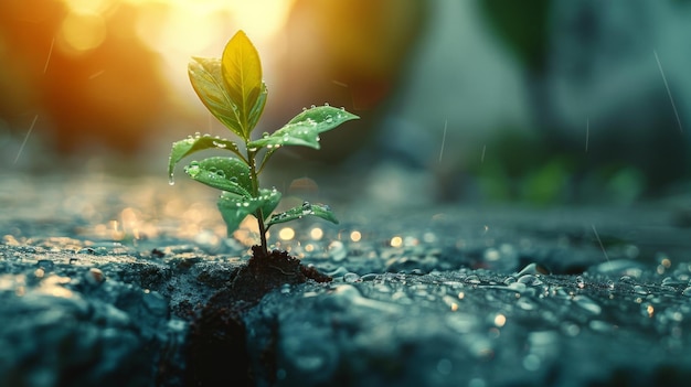 Closeup of a young plant sprouting from moist soil during a gentle rain shower