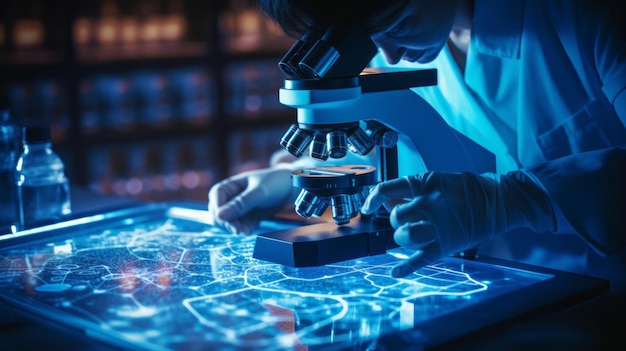 Photo closeup of a young scientist conducting tests using a microscope in a modern scientific medical laboratory healthcare pharmaceuticals microbiology biotechnology biology concepts