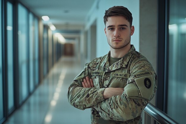 Closeup of a young soldier in uniform standing with a determined expression selective focus