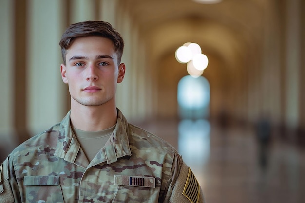 Closeup of a young soldier in uniform standing with a determined expression selective focus