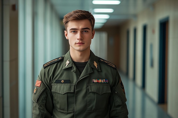 Closeup of a young soldier in uniform standing with a determined expression selective focus