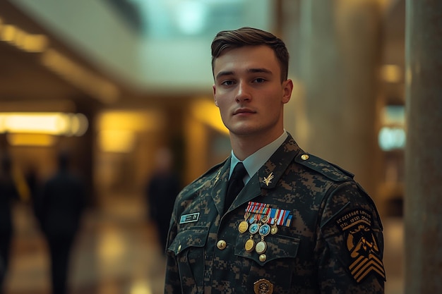 Closeup of a young soldier in uniform standing with a determined expression selective focus