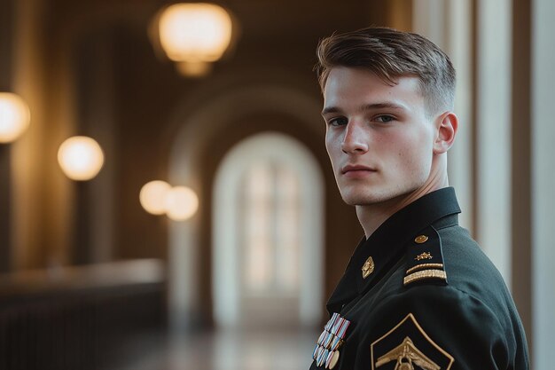 Closeup of a young soldier in uniform standing with a determined expression selective focus