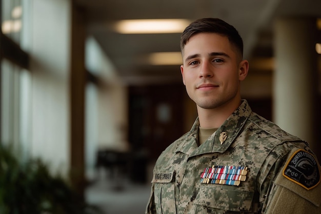 Closeup of a young soldier in uniform standing with a determined expression selective focus