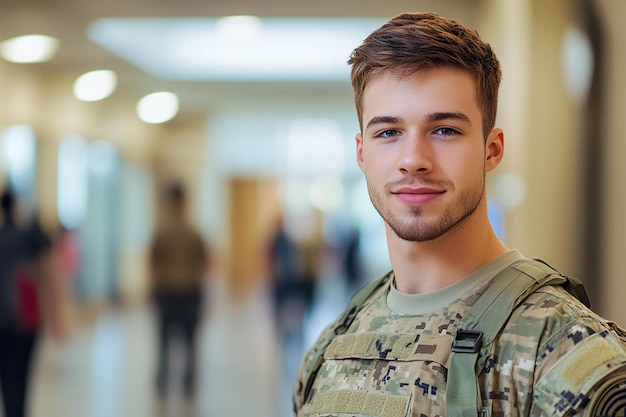 Photo closeup of a young soldier in uniform standing with a determined expression selective focus