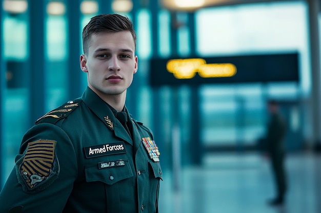 Closeup of a young soldier in uniform standing with a determined expression selective focus