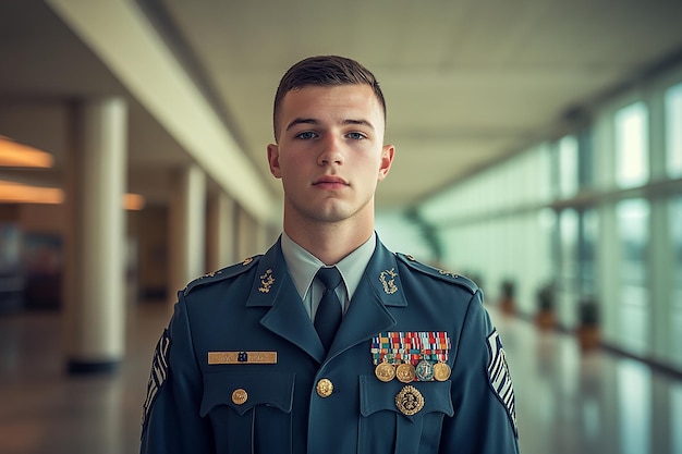 Closeup of a young soldier in uniform standing with a determined expression selective focus