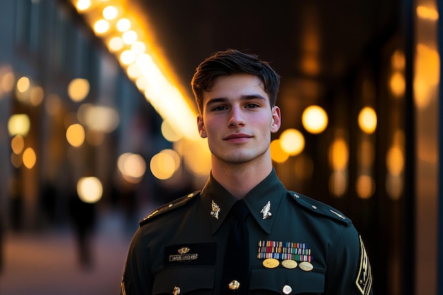 Closeup of a young soldier in uniform standing with a determined expression selective focus