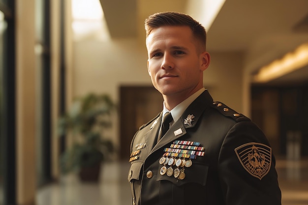 Closeup of a young soldier in uniform standing with a determined expression selective focus