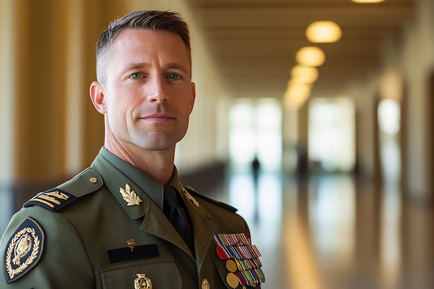 Photo closeup of a young soldier in uniform standing with a determined expression selective focus