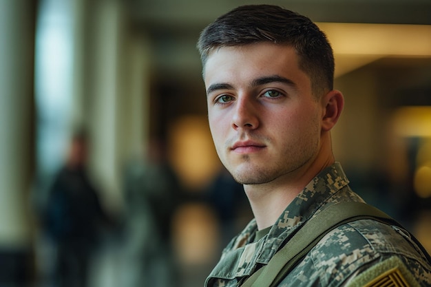 Closeup of a young soldier in uniform standing with a determined expression selective focus