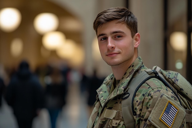 Closeup of a young soldier in uniform standing with a determined expression selective focus