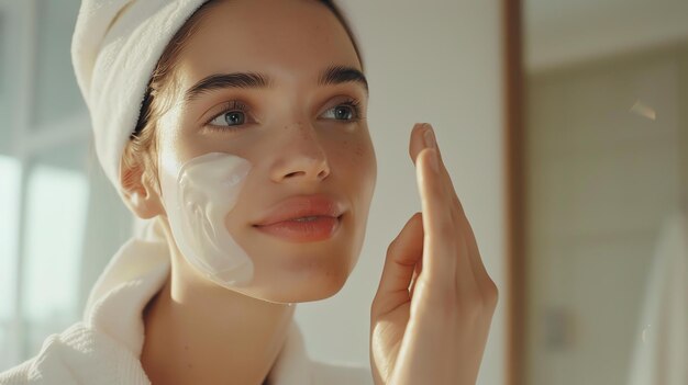 Closeup of a young woman applying a white cream to her face She is looking in the mirror and smiling