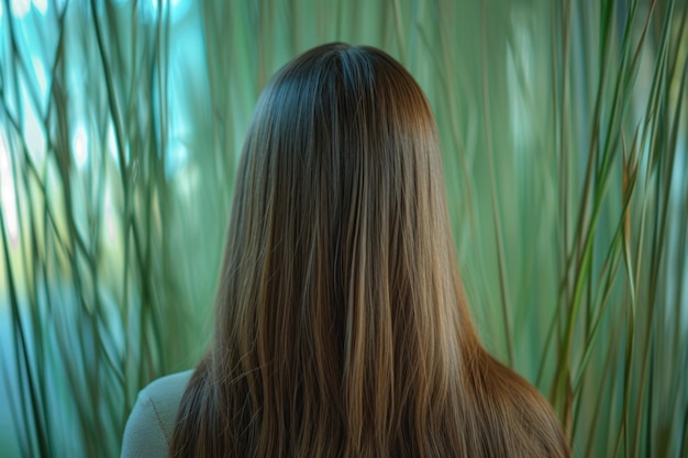 Closeup of a young woman enjoying the tranquility of a cane field The subtle play of light and shadow casts a soft glow on her sleek straight hair