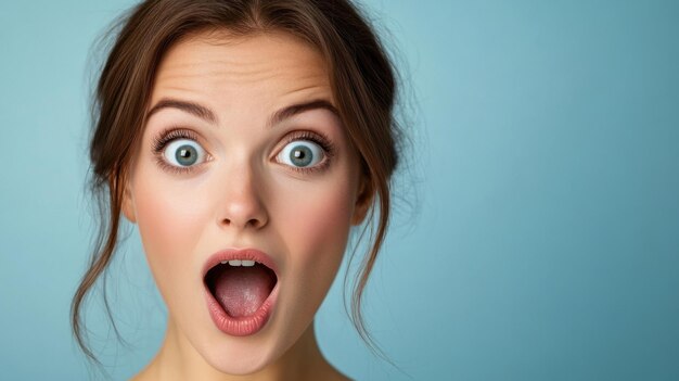 Closeup of a young woman expressing shock or surprise with wide open mouth and wide eyes against plain background