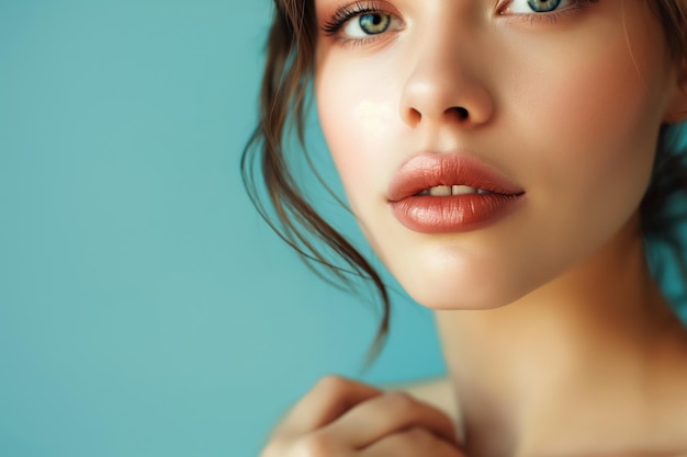 Photo closeup of young woman face with soft natural beauty her lips are full and inviting the