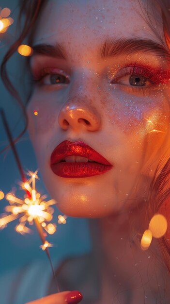 Closeup of a Young Woman Holding a Sparkler with Glitter Makeup and Red Lipstick in Festive Setting