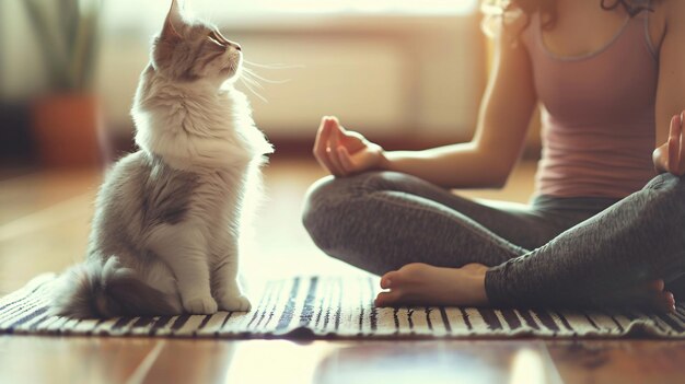 Closeup of a young woman practicing yoga with her cat