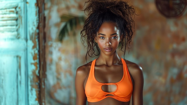 CloseUp Of Young Woman In Sports Clothes With Intense Gaze In Tropical Setting