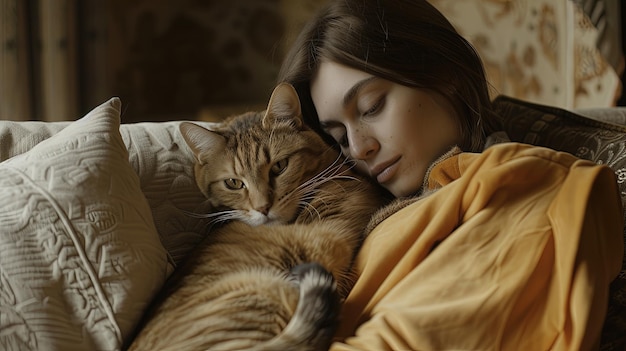 Closeup of young woman together with pet holding cat on counch at home