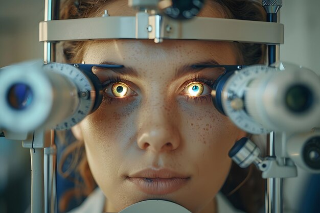 CloseUp of a Young Woman Undergoing an Eye Examination with Advanced Optical Equipment