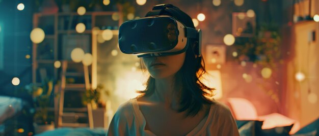 A closeup of a young woman using a VR headset in a cozy room surrounded by soft lights and a warm inviting atmosphere