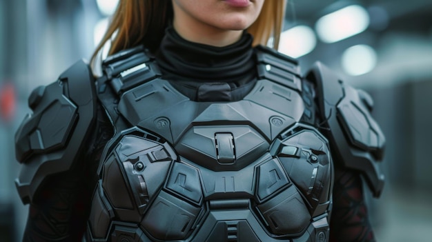 Photo closeup of a young woman wearing a detailed futuristic body armor suit focusing on the torso