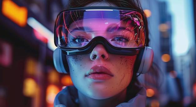 Closeup of a young woman wearing futuristic VR glasses with neon city lights reflecting on the visor