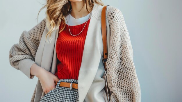 Photo closeup of a young woman wearing a red sweater and a white cardigan with a brown belt