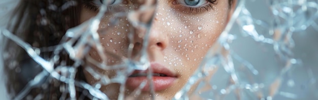 A closeup of a young woman with blue eyes behind shattered glass reflecting raindrops during a drama