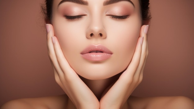 Closeup of a young woman with closed eyes makeup pink lips holding her face head with two hands on a beige background Natural Beauty Facial skin care cosmetics lipstick cream concepts