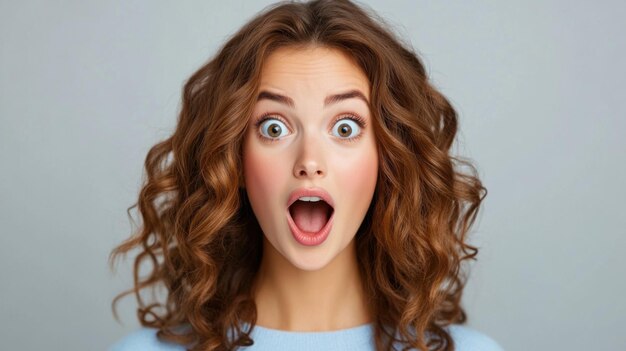 Closeup of a young woman with curly hair displaying a surprised expression with wide eyes and open mouth