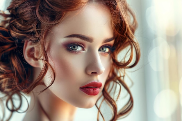 Closeup of a young woman with curly red hair flawless makeup and captivating blue eyes