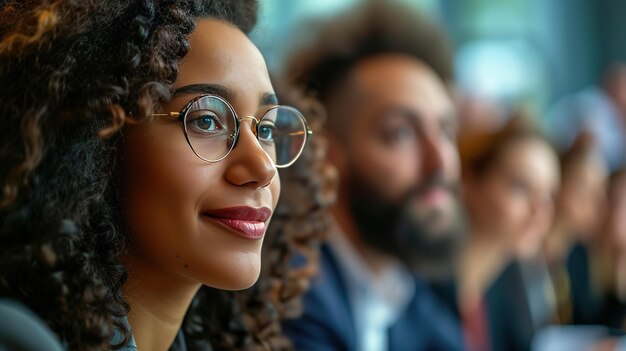 Closeup of a young woman with glasses attentively participating in a professional development