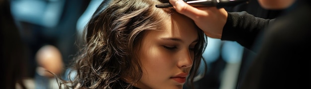 Photo closeup of a young woman with long brown hair getting her hair done by a stylist