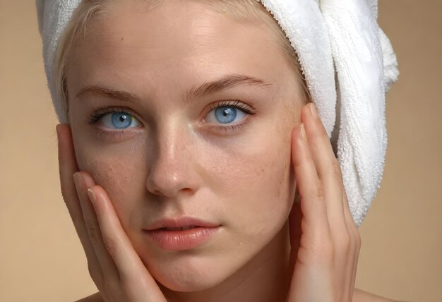 Photo closeup of young woman with towel on head and pimples on face