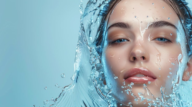 Closeup of a young woman with water splashing around her face against a blue background