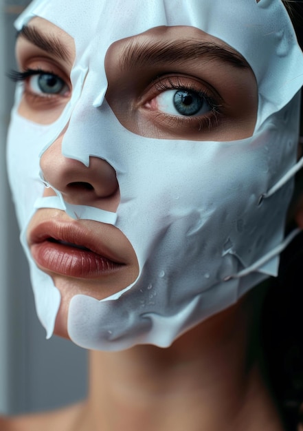 Closeup of a young woman with a white facial mask on her face