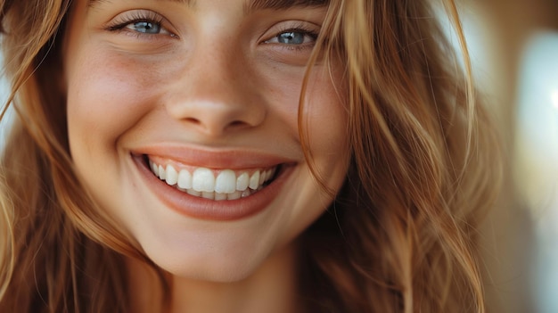 Closeup young woman with wide joyful smile and wavy hair image ai generated