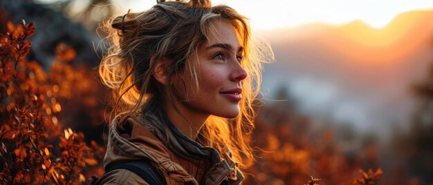 Closeup of a young woman with windblown hair and a peaceful expression enjoying a beautiful autumn sunset in nature