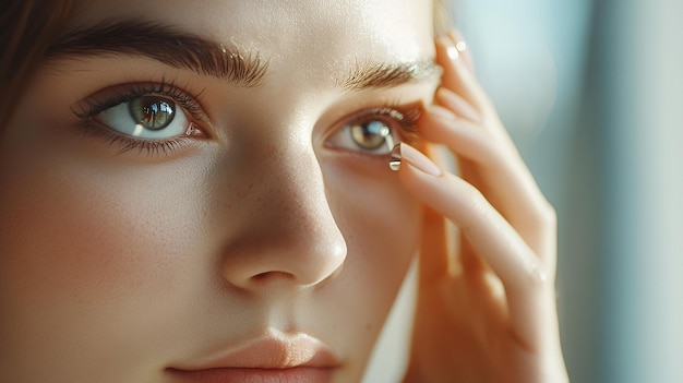 Photo closeup of a young woman39s face with her hand near her eye