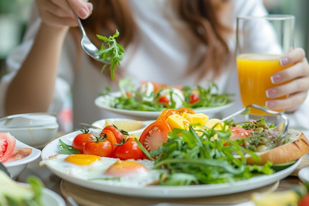 Closeup on a young womans hands as she is having breakfast