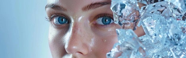 Closeup of a young womans striking blue eyes highlighted by silver foil against a soft blue backgro