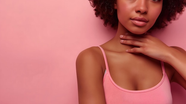 closeup of a young women hands and chest space for text breast cancer awareness concept