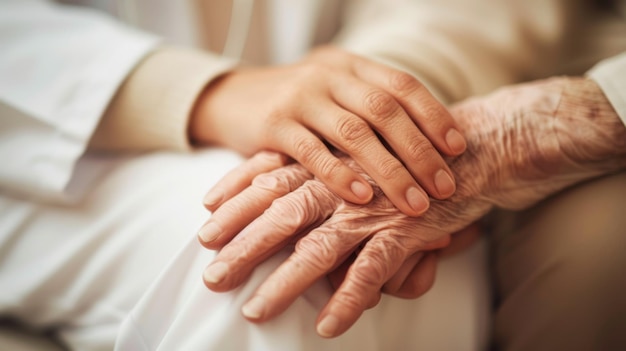 Photo closeup of a younger persons hands gently holding the hands of an elderly person conveying a sense of care and support