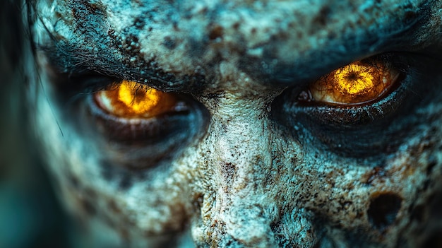 Photo a closeup of a zombies face with decaying skin and glowing eyes