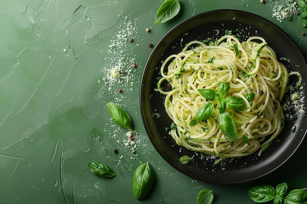 Photo a closeup of zucchini noodles and sauce sitting in a black bowl with text space and a gentle green background generative ai