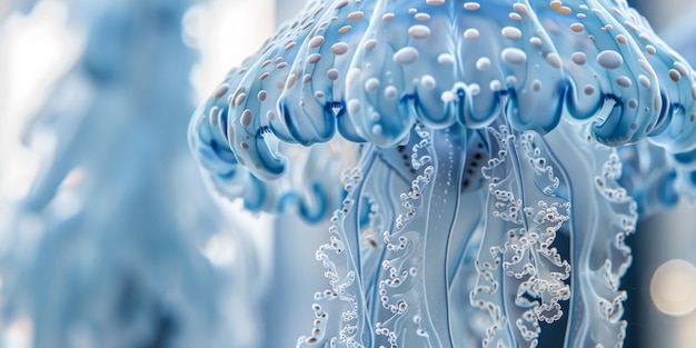 CloseUpf Translucent Jellyfish with Iridescent Colors and Detailed Tentacles in Deep Blue Ocean