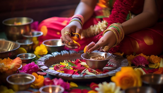 Photo closeups of traditional puja items used during gudi padwa