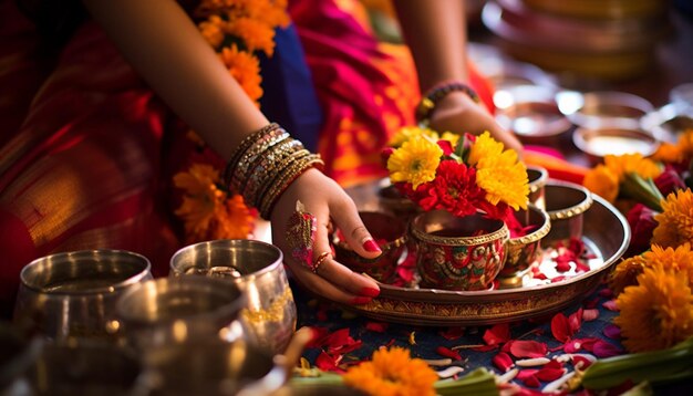 Photo closeups of traditional puja items used during gudi padwa